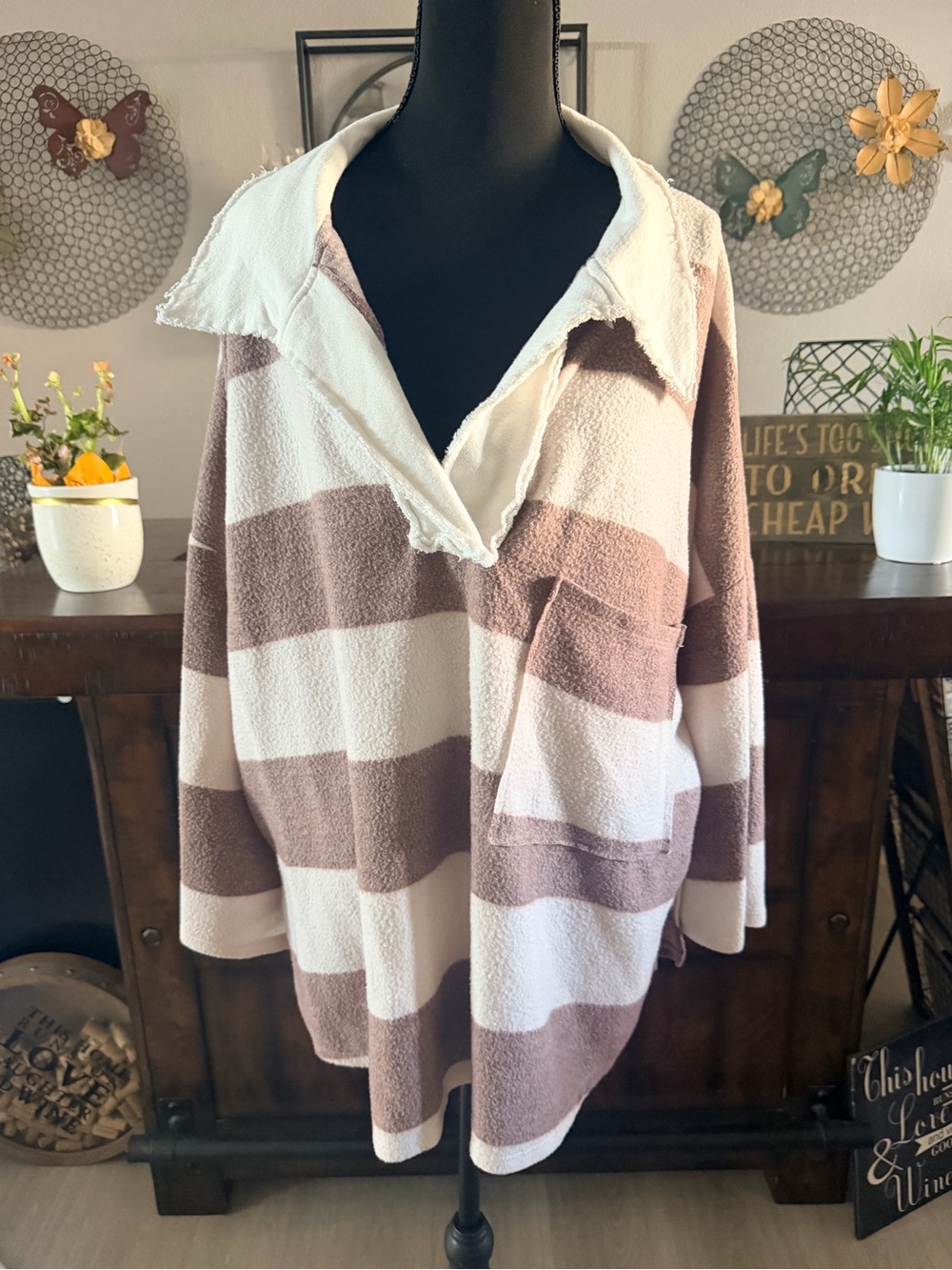 BUCKETLIST Cream & Brown Striped V-Neck Oversized Sweater